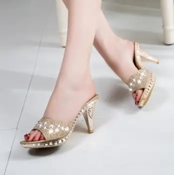 WDHKUN шипове Женски обувки-лодка Секси Високи токчета Женски кристални вечерни дамски обувки Gold дамски обувки с отворени пръсти