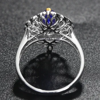 Европа Америка Луксозен пръстен с Инкрустиран Син Конски очи Форма AAA Кройката Циркон Куха Геометрия Сребърни бижута за жени, Подарък за сватба
