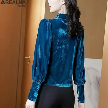 Blusas mujer de moda 2021 есенна блуза с дълъг ръкав дамски златно кадифе синя риза дамски ежедневни реколтата, дамски потници и блузи