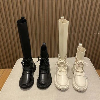 Есенно-зимни черни къси ботуши Нова дамски обувки от 2021 г. Нови обувки на платформа за жени в масивна ток от еластична тъкан Botas De Mujer