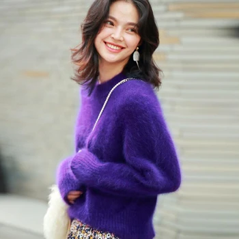 Жена пуловер Пуловер Есенно-зимни дрехи Дамски лилави меки плетени модни пуловери Елегантни дамски блузи с дълъг ръкав и кръгло деколте