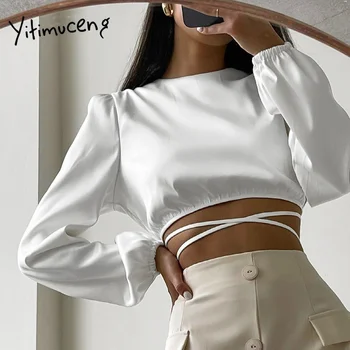 Yitimuceng Сатенени дамски блузи дантела Секси съкратен върховете на Тънки Ризи с дълги ръкави Есен 2021 Нова модни дрехи Бели къси потници