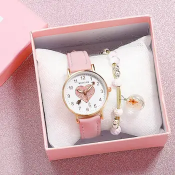Модерен дамски часовник във формата на сърце за децата и учениците, Определени гривни Часовници, Ежедневни кожени кварцов ръчен часовник Relogio Feminino