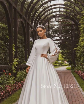 Бляскава апликация Помитане дъжд Булчинската рокля трапецовидна форма 2021 Луксозен Овалния деколте с дълъг ръкав Атласное сватбена рокля на Принцесата в градината