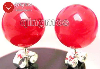 Qingmos Модни Обеци от червен Нефрит за жени с 10 мм, кръгли натурални Нефритами Сребро S925 Обеци-карамфил ear130