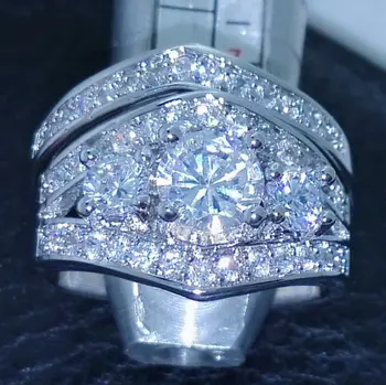 Размер 6/7/8/9/10 Модни бижута от три камъни от 10 каратово бяло злато, напълнена скъпоценния камък AAA CZ с диаманти, женски годежни пръстени, подаръчен комплект choucong