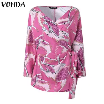 VONDA 2022 Модни дамски елегантни ризи, Дамски официални ризи с флорални принтом Свободни с лък и дълъг ръкав превръзка Бохемски топ туника