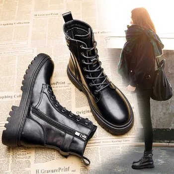 Обувки на платформа от естествена кожа, черен на цвят, женски ботильоны токчета, дамски дизайнерски обувки с цип, дамски обувки, Масивна обувки за жени 2021