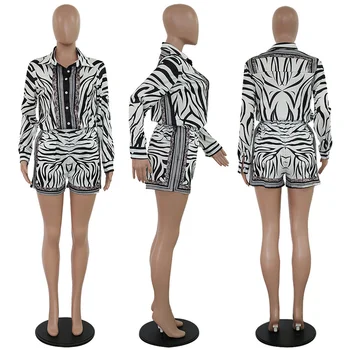 Пролетно-есенен кратък комплект от две части за дамски дрехи Ризи с принтом Зебра, Топ и къси панталони, Костюми Y2K, Вечерни клубни съоръжения, съответните комплект