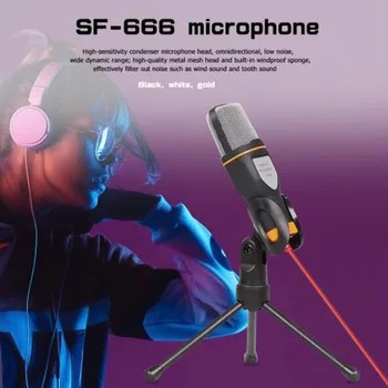SF-666 Професионален Кабелен Микрофон Кондензаторен Звук 3.5 мм Жак за Подкаст Студиен Микрофон със Стойка Статив SF666 за КОМПЮТЪР, Skype, MSN