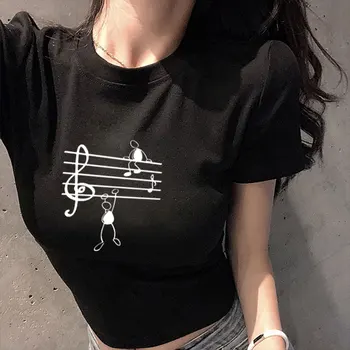 Музикални ноти Забавна тениска с принтом Дамски летни тениски с къс ръкав с животни Тениска Harajuku за момичета секси потник с отворен пъпа риза