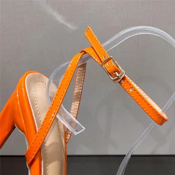 2022 Летни дамски сандали на висок ток 12 см, Фетиш за нощен клуб, оранжево сандали-гладиатори, дамски лъскава кожа обувки за бала