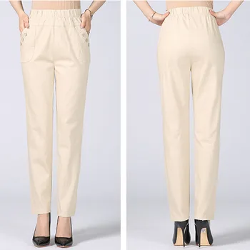 Плюс Размер Еластични панталони с висока талия Дамски пролетни ежедневни панталони за джогинг е Женски класически обикновена памучни панталони за майки с директни штанами