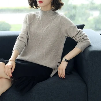 2021 Есента нов дамски пуловер Корейски свободен пуловер с дълъг ръкав, половината пуловери с високо воротом01 0, женски вязаный пуловер, обикновена върховете