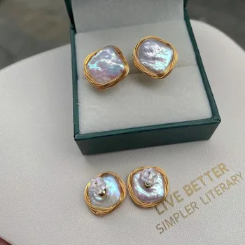 Ръчно изработени от естествени сладководни перли обици с перли барок обеци за жените е нередовен 925 стерлинги сребърни обеци