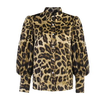 InstaHot За жени с леопардовым принтом Секси риза с дълъг ръкав Топ копчета Блуза, Елегантни и Ежедневни Клубна 2021 Есен-пролет Градинска риза