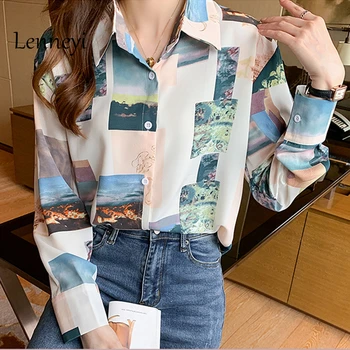 Нови зимни блузи за жени от 2021 Мода Есен с принтом шифон с дълъг ръкав За жени Елегантна блуза Дамска риза Женски реколта върховете