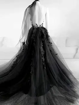 Готическа Винтажное черно сватбена рокля 2020 Дантелено рокля Vestidos De Новия с високо деколте Рокли на Русалка с дълъг Ръкав на Булката