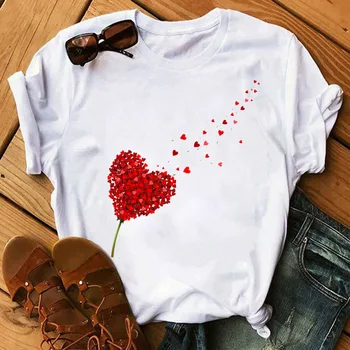 Леопардовое сърцето си за любовта Тениска с принтом Дамски модни тениска Дамска тениска с къс ръкав Сладък графики тениски, Дамски ежедневни летни тениски