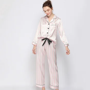 Нови летни дамски пижами Комплект с дълъг ръкав Розова раирана пижама с принтом 2 бр. Секси пижами Femme Домашно облекло Пижами Пижами