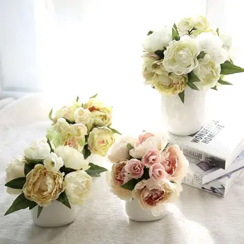 Изкуствени Цветя Букет Божури за сватбена Украса Домашно парти Фалшиви Цветя Копринени Рози Цветя за Украса на дома