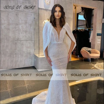Елегантни бели вечерни рокли на Русалка с дълбоко V-образно деколте, модни наметало с ръкави от мъниста Сватбена рокля за бала, Халат De Soirée Femme