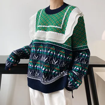 Ретро зелен женски вязаный пуловер с прости кръгло деколте в контрастен цвят Пуловери с дълъг ръкав Свободни Ежедневни дамски блузи Есен