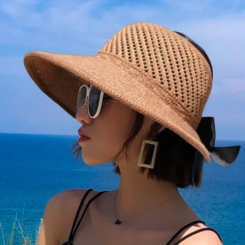 Летни дамски слънчеви шапки с голяма периферия Класически Лък Сгъваема Модни сламена шапка Ежедневни Градинска и Плажна шапка За жени Шапка с защита от uv