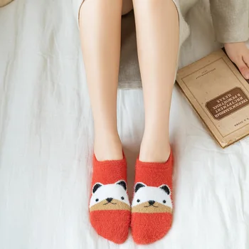 Чорапи с пандой Дамски къси дебели невидими топли чорапи Зимните чехли Харадзюку с ниско деколте Чорапи за домашни любимци Женски сладки чорапи за момичета