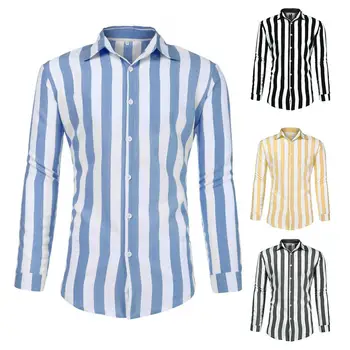 Модерен мъжки ризи с отложным яка и вертикални ивици, риза с копчета и дълъг ръкав, Младежки мъжки свободен ден за ден пуловер, топ