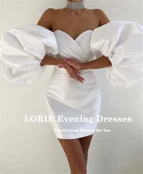 Лори Уайт Коктейлни рокли с отворени рамене с къси ръкави Криви гънки Мини Секси вечерни рокли Над коляното Атласное рокля за бала 2021