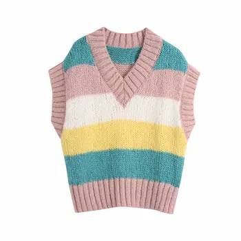 Пролетен женски пуловер случайни v-образно деколте в контрастен цвят в клетка плетене шик женски жилетка без ръкави, потници