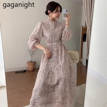 Gaganight Винтажное дамско бельо Макси рокля с дълъг ръкав и колан Шик корейски модни вечерни рокли с непрекъсната линия 2021 Свободни Нови рокли