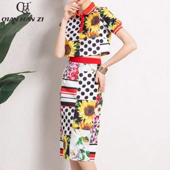 Цян Хан Дзъ дизайнер на висококачествени летен комплект от 2 теми за жени с ревера Модерен кратък топ+цветен принт на точки облегающая пола, костюм комплект