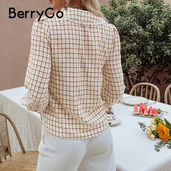 BerryGo Есенна офис дама в клетката с квадратна модел Риза Дамски Ежедневни с V-образно деколте, кафява тясна блуза Жените с обикновени ръкави Топ 2021