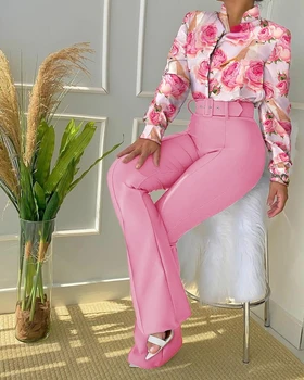 Пролет и есен Нов стил Дамски модни офис риза с принтом и дълги ръкави и широки панталони, всекидневни женски костюм от две части