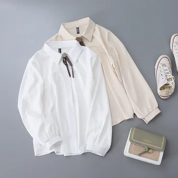 Есенна дамска бяла риза с винтажным ръкав-фенерче Шифоновая блуза с брошью с отложным яка Елегантен офис облекло Пролет основен топ
