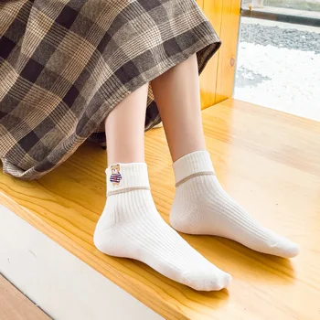 Дамски чорапи kawaii фланцевые чорапи с принтом мечка Harajuku от чист памук, японски сладък корейски модни дълги чорапи с бродерия