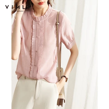 VIMLY Лятна блуза за жени, Елегантни ризи с волани и бутони Офис женски тънки шифоновые блузи Реколта блузи, Дамски блузи F7985