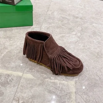 През 2022 Г. Китайска Марка Висококачествени Кожени Обувки С пискюли На Равна Подметка С квадратна Глава И Меки дамски Обувки
