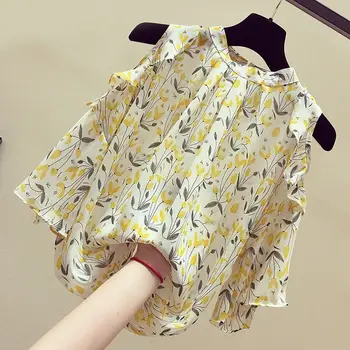 Дамски пролетно-летни шифоновые блузи Риза дамски елегантни набори с дълъг ръкав с открити рамене Върховете с кръгло деколте SP184