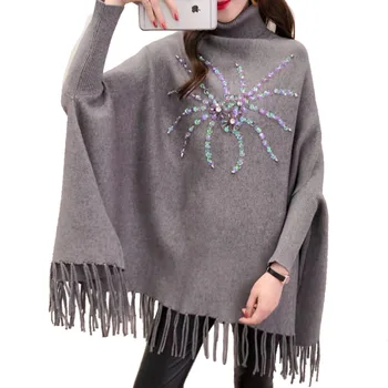 SC258 2018 Зимна топла вязаная наметало с висока воротом, апликация, beading, пуловер с пайети, есенен пуловер, Модни дамски свободни пончо с пискюли