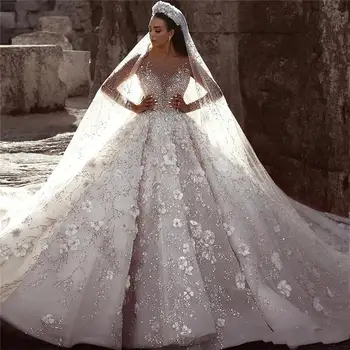 Луксозни Дубайские Арабски Нови модни дантелени бални рокли, Сватбени рокли с дълъг ръкав, 3D Цветя Във вашата Сватбена рокля Сватба