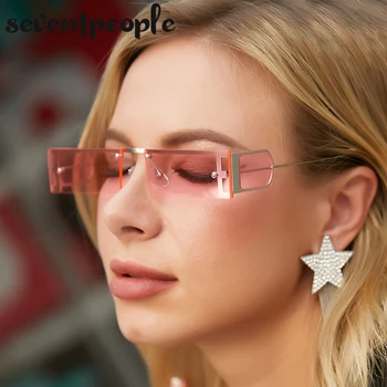 Правоъгълни слънчеви очила без рамки За жени 2021 Луксозна марка, Модни без рамки квадратни Слънчеви очила за мъже, Модни уникални очила