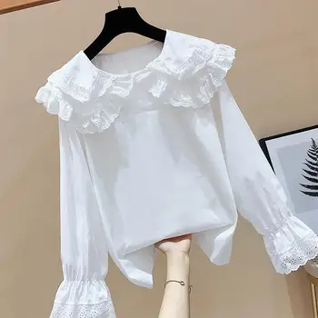 Реколта дрехи Дамски потник Блуза, свързани с яка, дълъг ръкав Бяла риза с волани Топ Базова тениска 2021 Нова