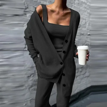 Есента случайни вязаный дълга жилетка За жени Комплект от 3 теми Елегантни обикновена палто копчета + Риза + Панталон Костюми 2021 Спортен костюм Съоръжения