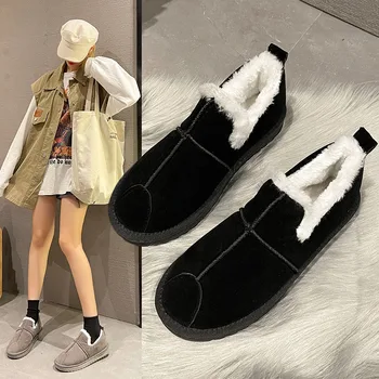 2021 Зимни однотонная обувки с кръгло бомбе, мързелива плюшен топло къса тръба с ниско деколте, комплект за краката, зимни дамски ботуши на равна подметка, памучен обувки