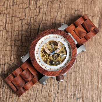 БОБО ПТИЦА Дървени Механични часовници Мъжки Кожени Автоматичен Часовник от сандалово дърво, Светещи Ръчен часовник Мъжки Коледен подарък Водоустойчив