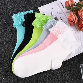 Модни дамски реколта дантелени чорапи с волани и набори на глезените, дамски чорапи принцеси за момичета, памучни чорапи 6 цвята, предлага се в Harajuku
