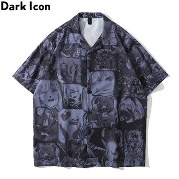 Тъмната икона с анимационни принтом Градинска мода мъжка риза 2021 Лято с отложным яка Реколта ризи за мъже